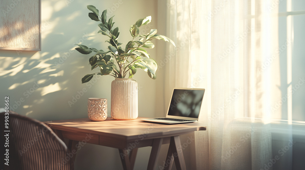 Minimalist workspace featuring a small desk, laptop, and plant on a windowsill. The room is bathed in soft, natural light with neutral tones throughout Minimalist workspace featuring a small desk, laptop, and plant on a windowsill. The room is bathed in soft, natural light with neutral tones throughout