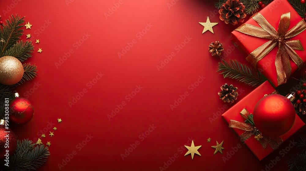 A festive red Christmas scene with wrapped gifts, ornaments, and pine branches. AI generated image A festive red Christmas scene with wrapped gifts, ornaments, and pine branches. AI generated image