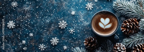 Hot chocolate, coffee in a cup, with Christmas snowflakes, beautiful cover. Christmas premium background image, for cover, brochure, brochure, desktop, notepad. Concept for holiday.