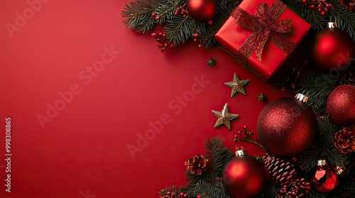 Wallpaper Mural A festive red Christmas scene with wrapped gifts, ornaments, and pine branches. AI generated image Torontodigital.ca