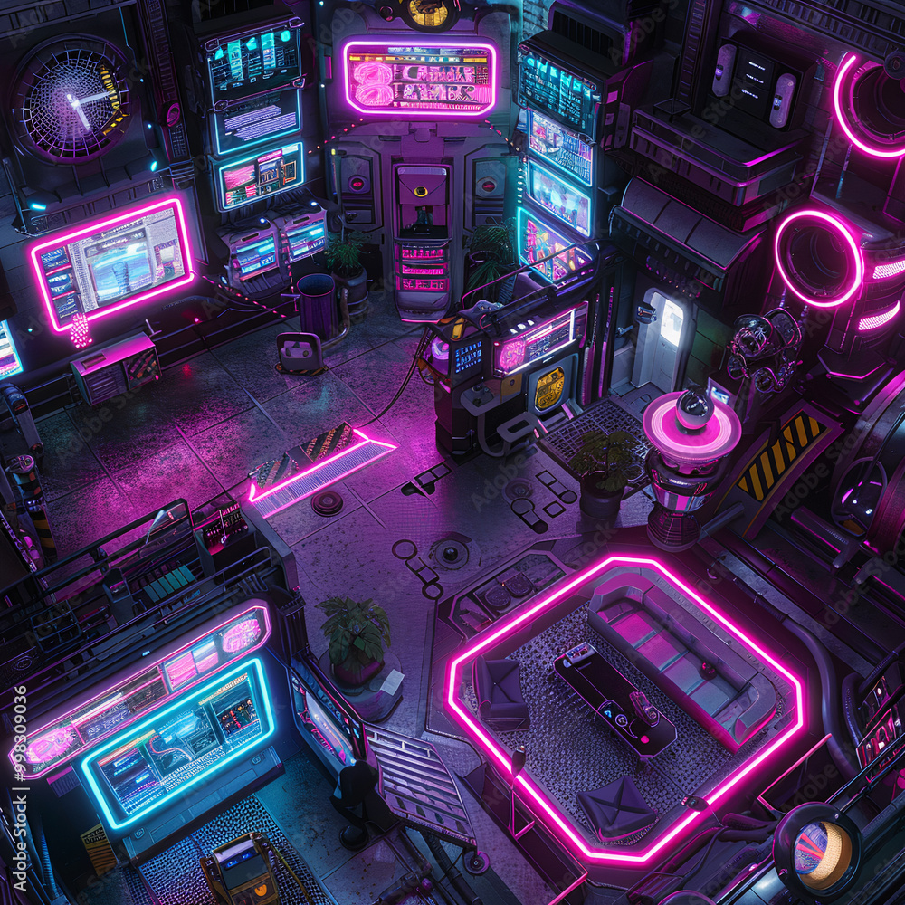 Fototapeta premium Cyberpunk Battle Map for DnD, Top-Down Tabletop Role-Playing Game Map, Futuristic Adventure Game Background, Virtual Tabletop RPG Asset for Sci-Fi Cityscapes and Urban Environments, High-Resolution Di