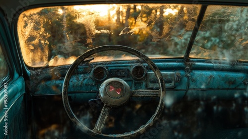 Driving a vintage automobile with fuzzy dice, a weathered steering wheel cover, and a backdrop of a verdant forest beneath a waning sunset's glow, visible through smudged windows. photo