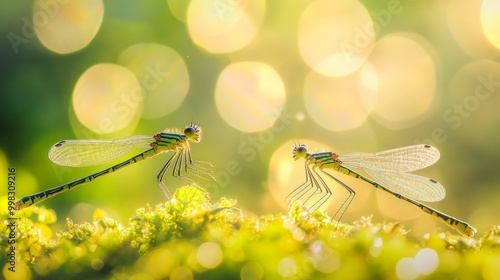 Damselfies, a type of small dragonfly, perch and rest on the grass with a natural bokeh background photo