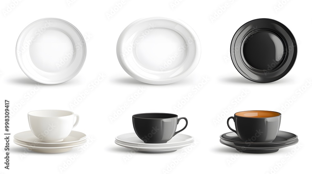 A minimalist arrangement of elegant plates and cups in contrasting colors, showcasing timeless dining aesthetics. A minimalist arrangement of elegant plates and cups in contrasting colors, showcasing timeless dining aesthetics.