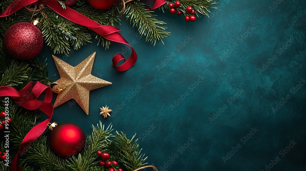 A festive green and gold Christmas arrangement with ornaments, ribbons, and pine branches. AI generated image A festive green and gold Christmas arrangement with ornaments, ribbons, and pine branches. AI generated image