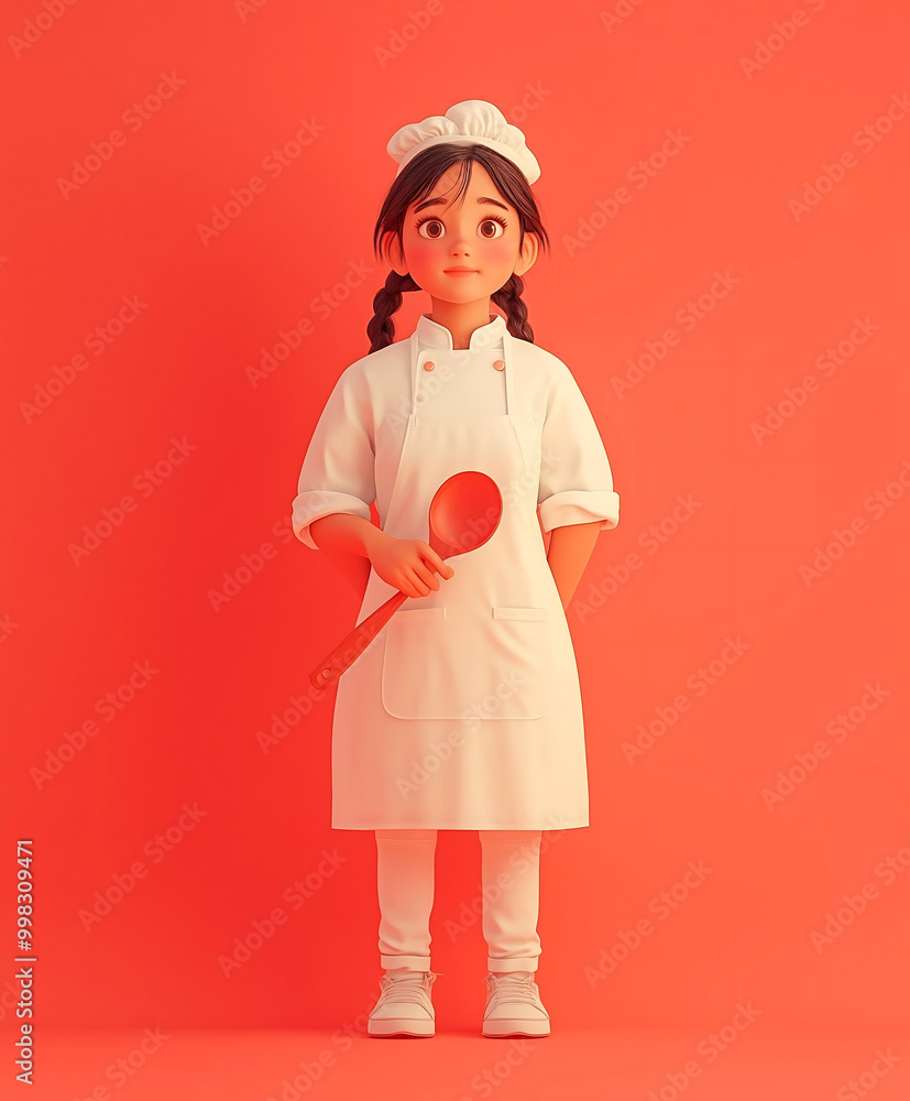 Stylized Animated Female Chef with Spatula on Bright Red Background Stylized Animated Female Chef with Spatula on Bright Red Background