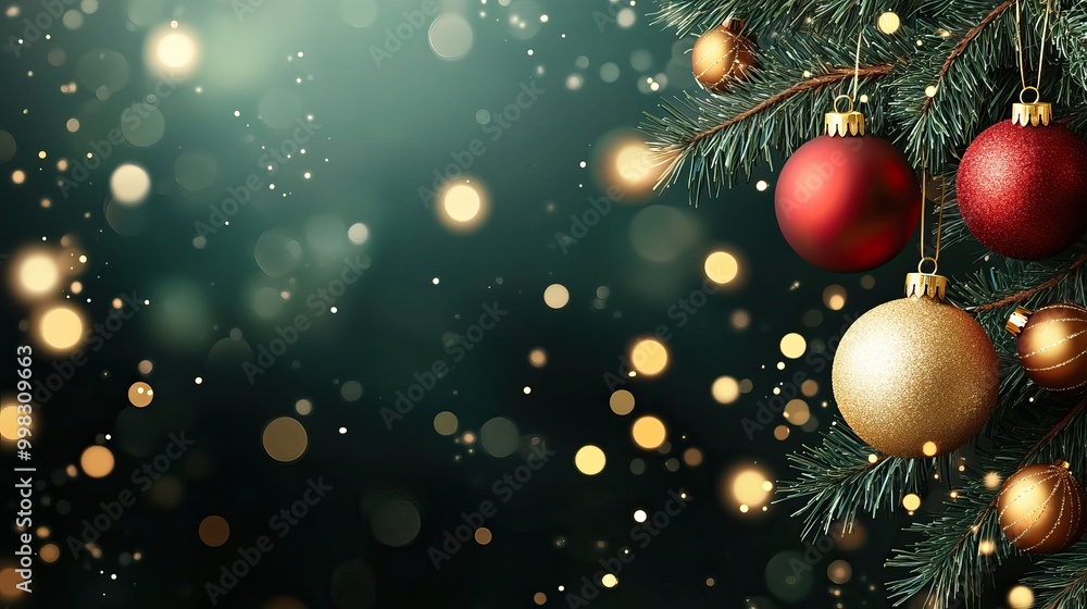 A festive green and gold Christmas arrangement with ornaments, ribbons, and pine branches. AI generated image A festive green and gold Christmas arrangement with ornaments, ribbons, and pine branches. AI generated image