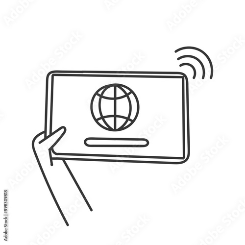 phone or tablet device with world globe symbol illustration and wireless signal in doodle cartoon