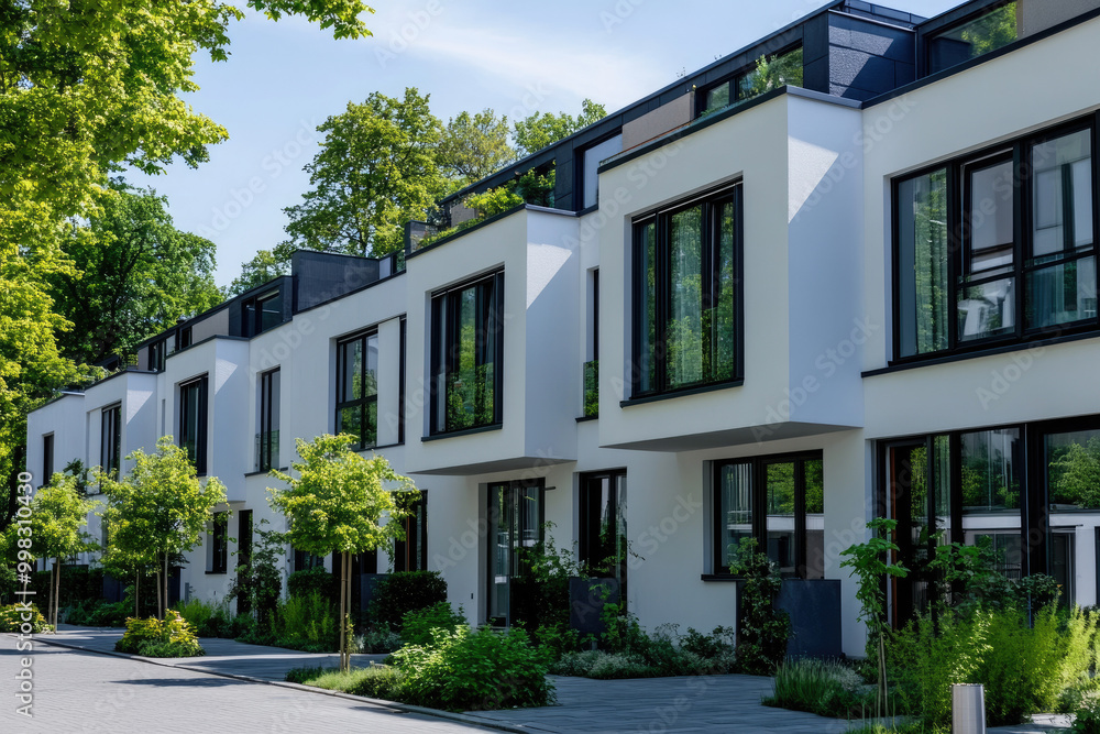 Modern townhouses in white with black accents, trees and bushes lining the street Modern townhouses in white with black accents, trees and bushes lining the street