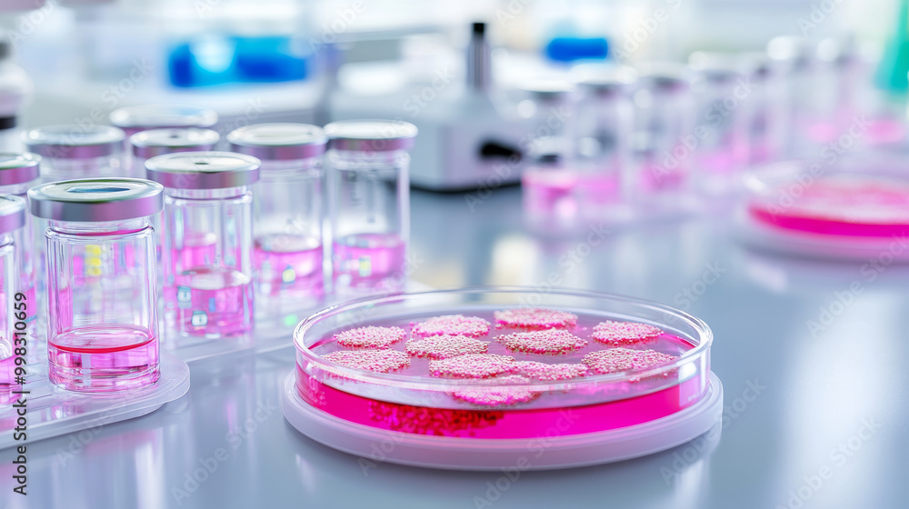 Close up of petri dish filled with pink agar and genetically engineered microorganisms, surrounded by laboratory glassware. vibrant colors and scientific setting evoke sense of innovation and discover Close up of petri dish filled with pink agar and genetically engineered microorganisms, surrounded by laboratory glassware. vibrant colors and scientific setting evoke sense of innovation and discover