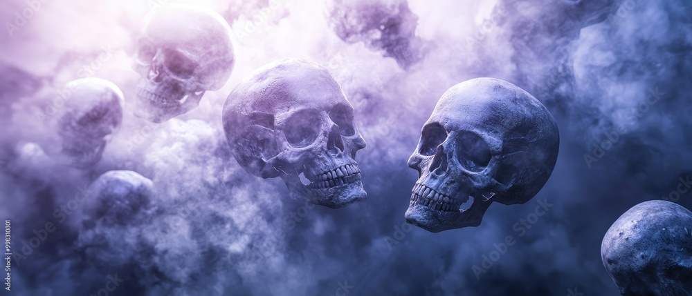 A haunting collection of skulls emerges from the mist, creating a captivating and eerie atmosphere. Perfect for themes of mortality, mystery, or the macabre. A haunting collection of skulls emerges from the mist, creating a captivating and eerie atmosphere. Perfect for themes of mortality, mystery, or the macabre.