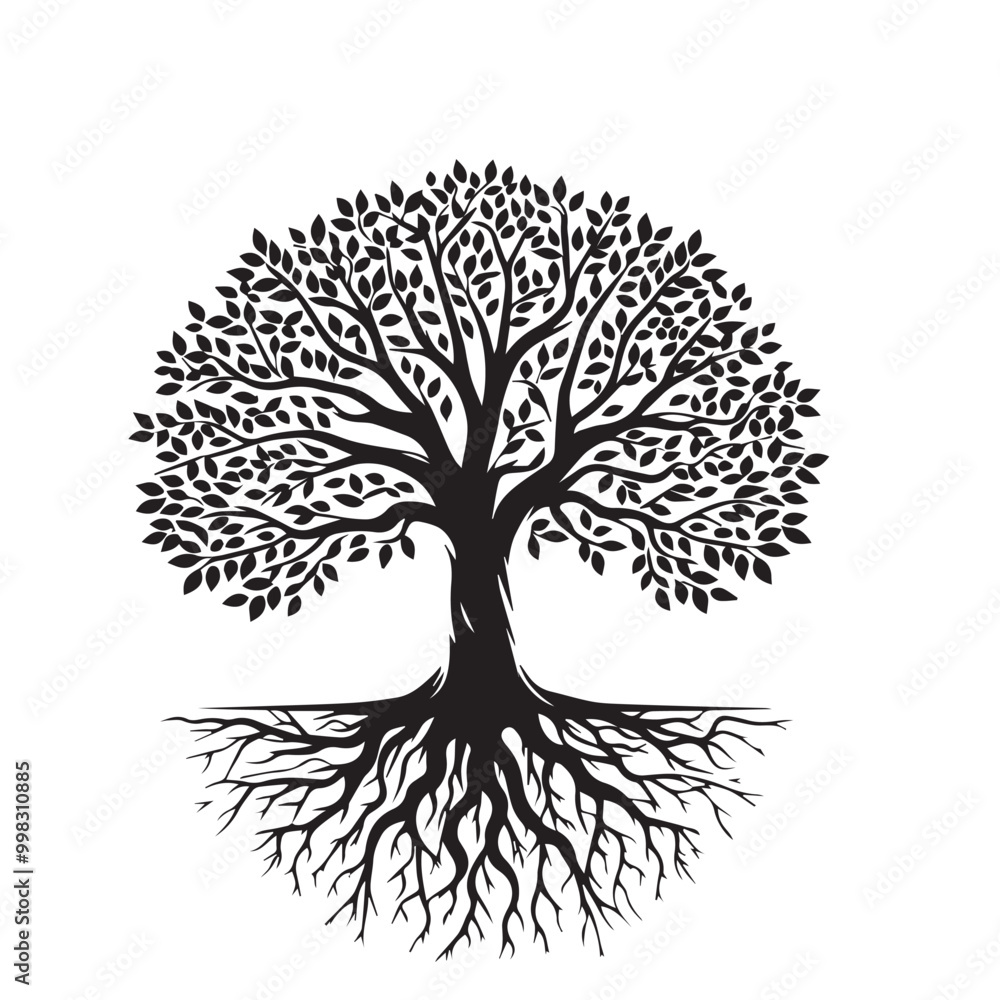 Naklejka premium Tree silhouette. Big tree vector silhouette design. Tree with root vector illustration. Tree logo, icon black and white. Oak tree vector design.