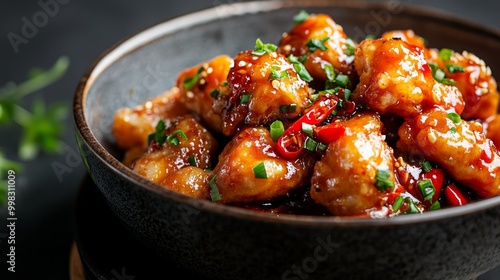 Deep-fried Star Grouper in Sweet and Sour Sauce served in a dish side view on dark background