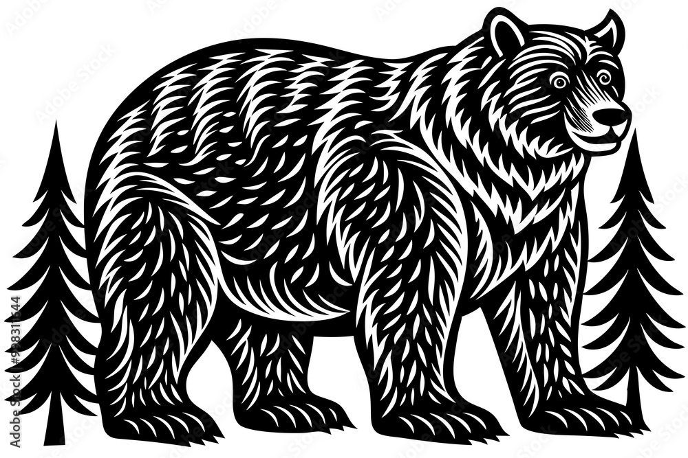 Obraz premium Majestic Monochrome Bear Illustration with Pine Tree Backdrop