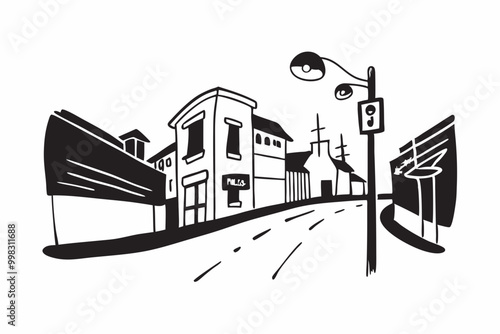 Monochrome Sketch of Quaint Urban Street Scene