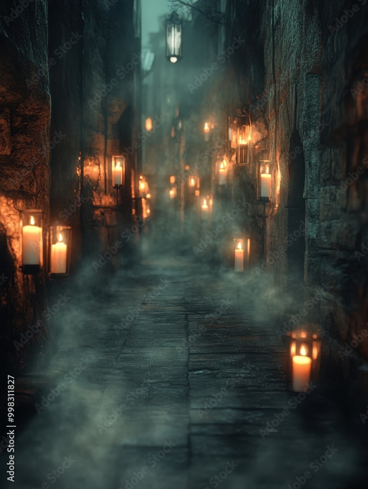 A mysterious alley illuminated by flickering lanterns, shrouded in mist, creating an eerie yet enchanting atmosphere. Perfect for storytelling and atmospheric inspiration. A mysterious alley illuminated by flickering lanterns, shrouded in mist, creating an eerie yet enchanting atmosphere. Perfect for storytelling and atmospheric inspiration.