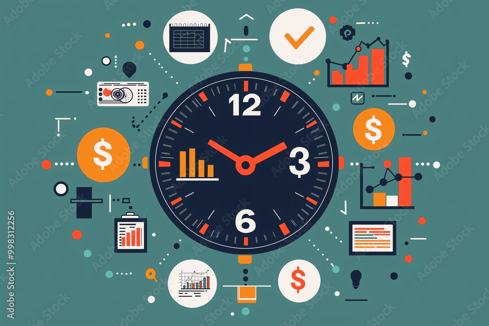 A clock face surrounded by various financial and analytical icons, symbolizing importance of time in business and decision making. vibrant colors and modern design evoke sense of urgency and productiv A clock face surrounded by various financial and analytical icons, symbolizing importance of time in business and decision making. vibrant colors and modern design evoke sense of urgency and productiv