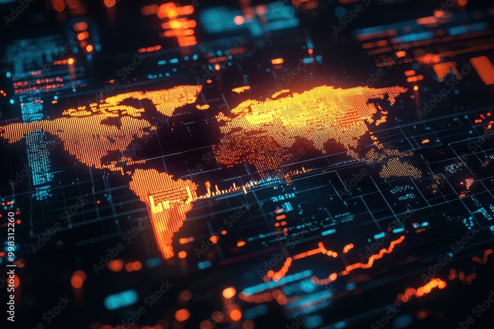 Futuristic digital world map with glowing data visualization Futuristic digital world map with glowing data visualization