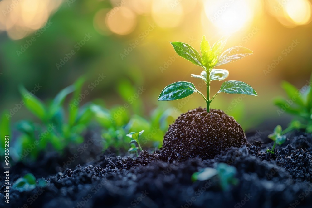 Young plant emerging from rich soil in golden sunlight Young plant emerging from rich soil in golden sunlight