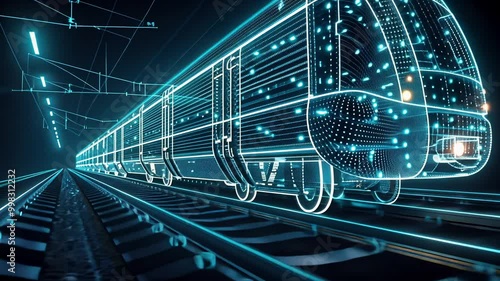 Futuristic electric train with neon lights on modern railway tracks