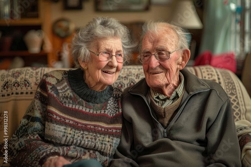 Elderly Couple Smiling Outdoors in Autumn, Embracing Love and Happiness