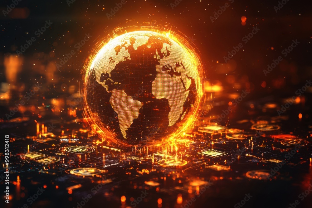 Digital globe with glowing networks and currency symbols Digital globe with glowing networks and currency symbols