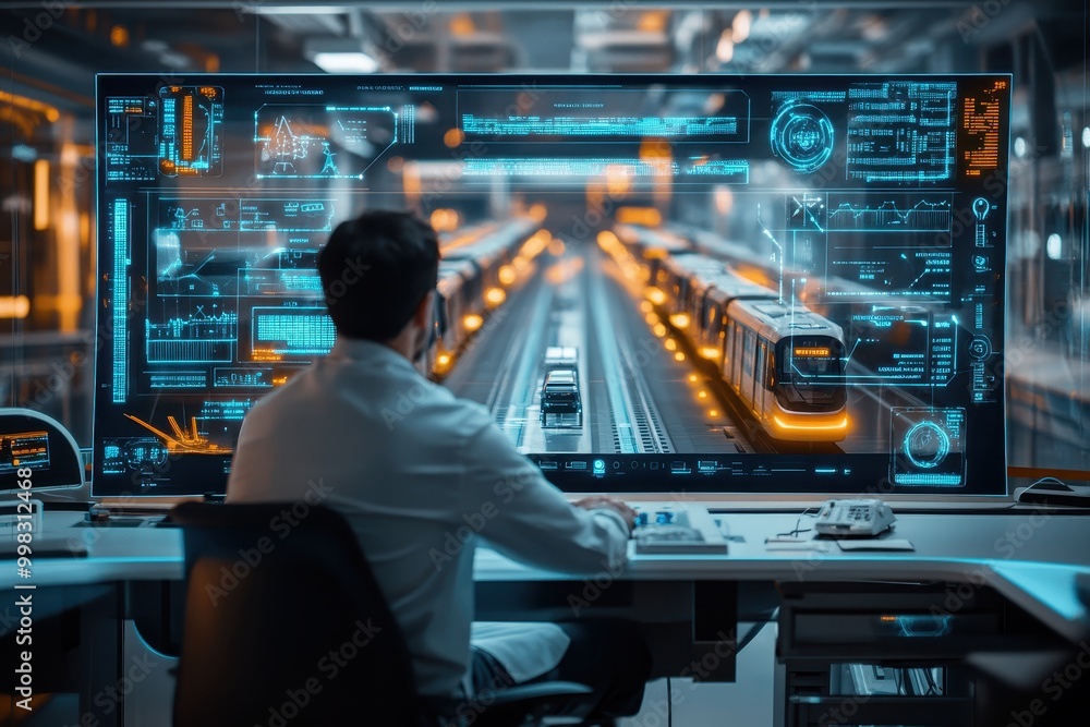 A person monitors a futuristic transport system on a large digital display. A person monitors a futuristic transport system on a large digital display.