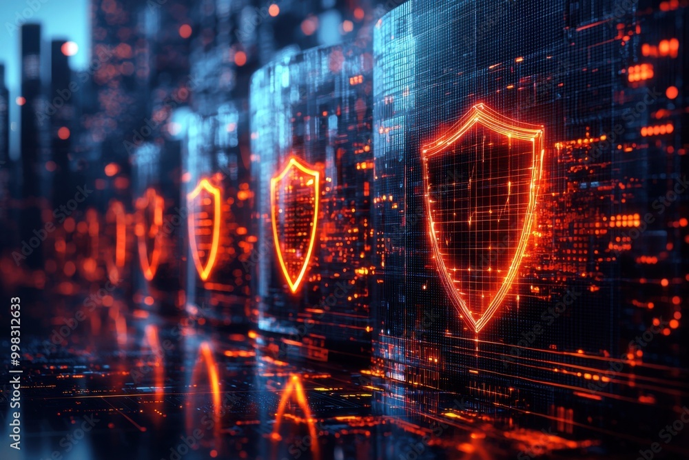 Obraz premium Digital security concept with glowing shields and data blocks