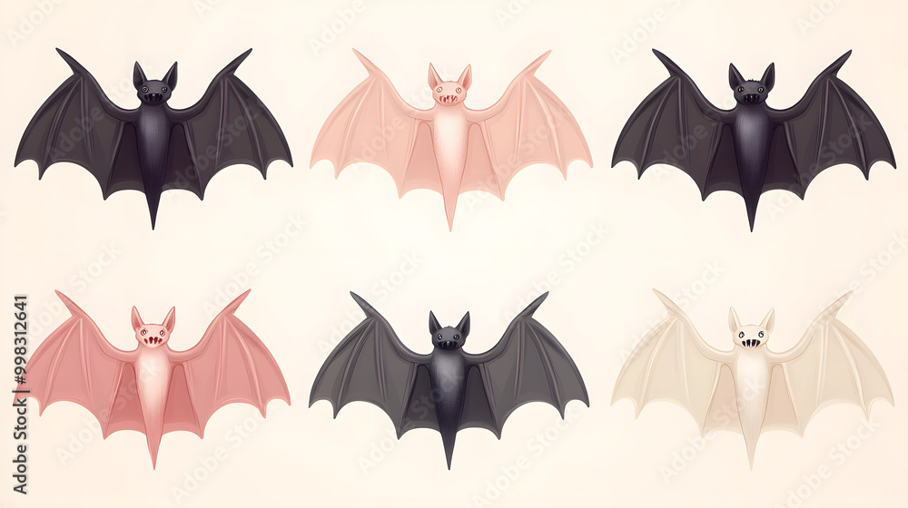 Simple pastel vampire bat set of icons with smooth wings and soft tones placed on a clean background Simple pastel vampire bat set of icons with smooth wings and soft tones placed on a clean background