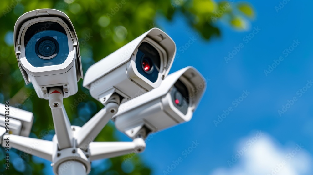 Surveillance cameras monitoring an outdoor area with blue sky. Surveillance cameras monitoring an outdoor area with blue sky.