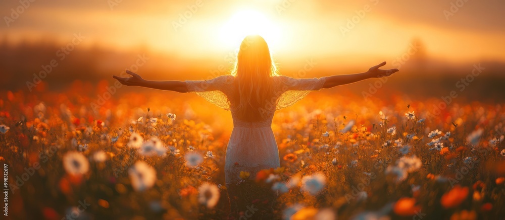 Woman standing in a field of flowers at sunset, arms outstretched with sun in the background. Woman standing in a field of flowers at sunset, arms outstretched with sun in the background.