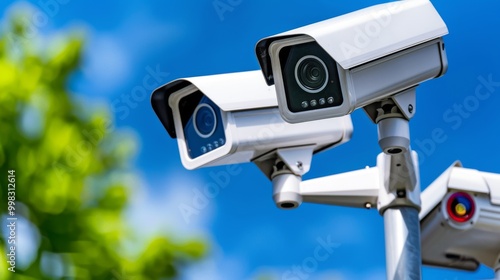 Surveillance cameras against a clear blue sky, white background.