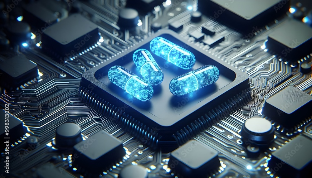 Digital pills on a circuit board symbolizing ai in medicine and drug development. Digital pills on a circuit board symbolizing ai in medicine and drug development.