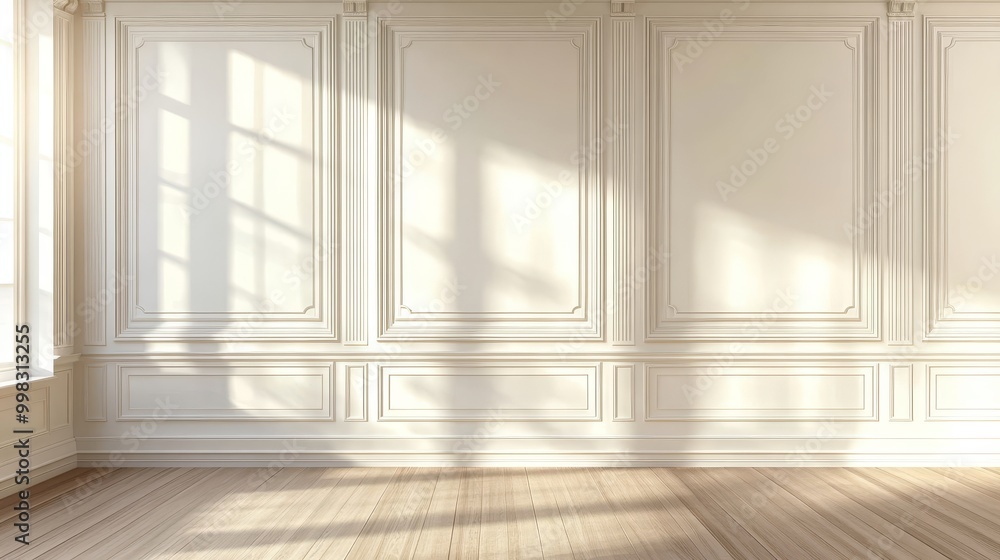 Elegant interior with white classic wall panel and light brown wooden floor. Bright background with luxury and elegant molding frames. Realistic 3D vector illustration of home or office design. Elegant interior with white classic wall panel and light brown wooden floor. Bright background with luxury and elegant molding frames. Realistic 3D vector illustration of home or office design.