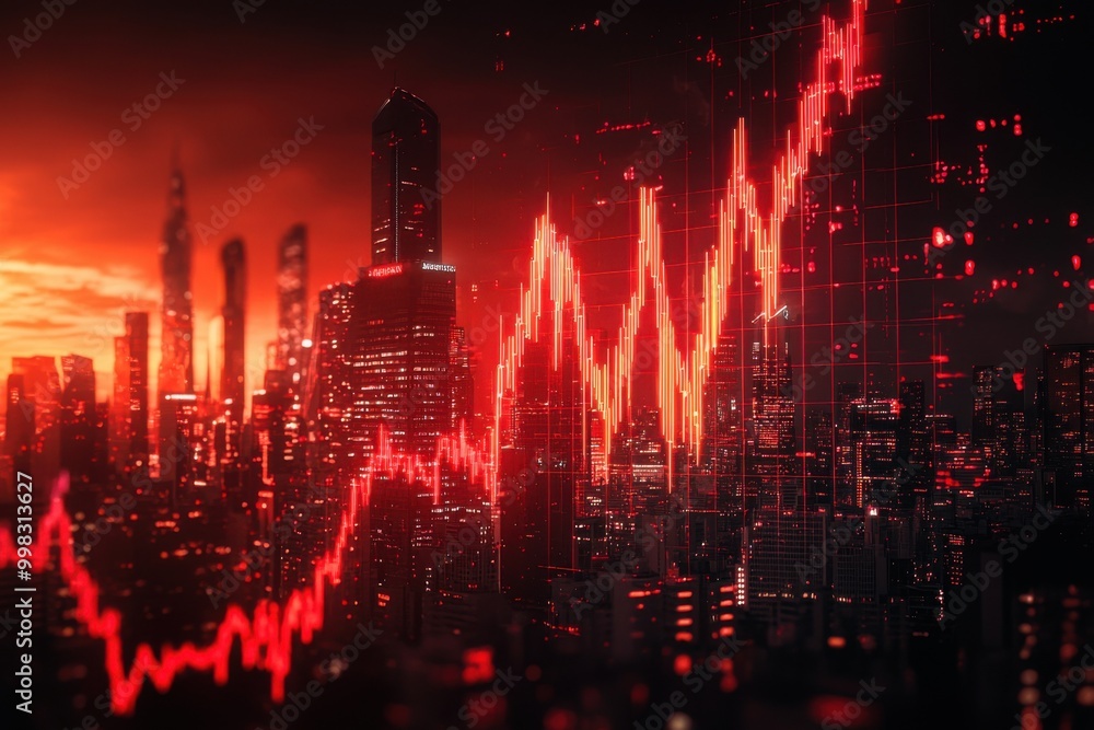 Dynamic city skyline with financial market trends visualization Dynamic city skyline with financial market trends visualization