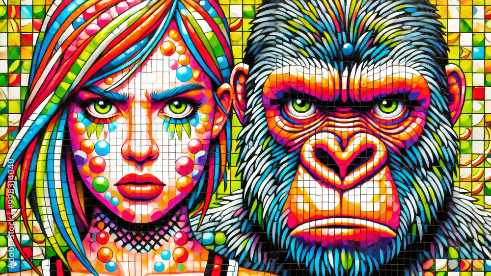 A vivid mosaic of a fierce woman and gorilla side by side, both with intense stares, colorful patterns, and geometric designs creating a bold, dynamic visual. A vivid mosaic of a fierce woman and gorilla side by side, both with intense stares, colorful patterns, and geometric designs creating a bold, dynamic visual.