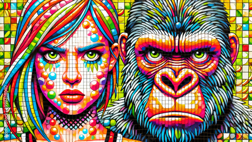 A vivid mosaic of a fierce woman and gorilla side by side, both with intense stares, colorful patterns, and geometric designs creating a bold, dynamic visual.