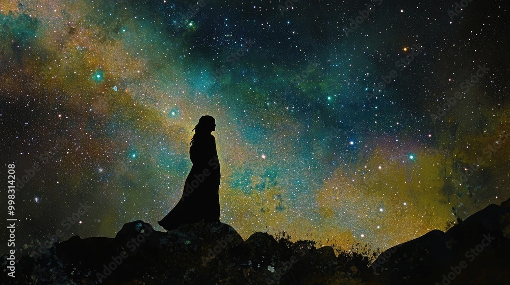 Silhouetted figure against a starry galaxy sky Silhouetted figure against a starry galaxy sky