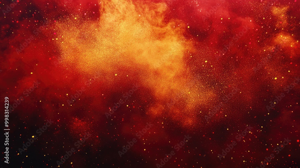 Naklejka premium Vibrant red and yellow powder bursts against a dark backdrop Colorful paint powder explosion reminiscent of festive celebrations