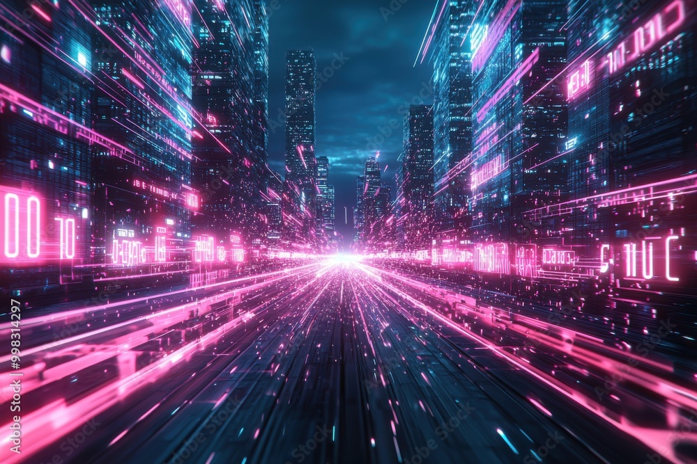 Futuristic cityscape with neon lights and digital effects Futuristic cityscape with neon lights and digital effects