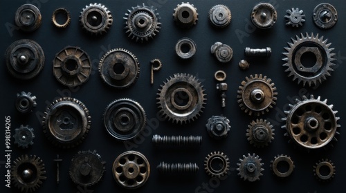 A collection of iron gears and machinery parts displayed against a dark background, highlighting the intricacy of engineering.