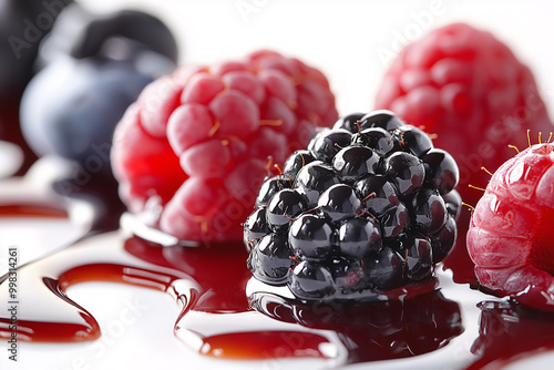 Delight in macro shot of mixed candied berries, featuring vibrant blueberries, raspberries, and blackberries glistening in rich syrup. This colorful arrangement evokes sense of indulgence and sweetnes photo