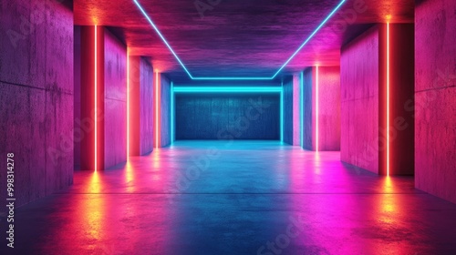 Futuristic abstract architecture featuring a 3D rendering with neon lighting and a spacious concrete floor