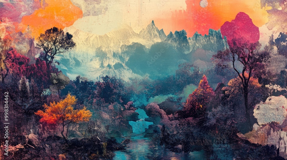 Dynamic Surreal Landscape featuring a richly saturated collage style Dynamic Surreal Landscape featuring a richly saturated collage style