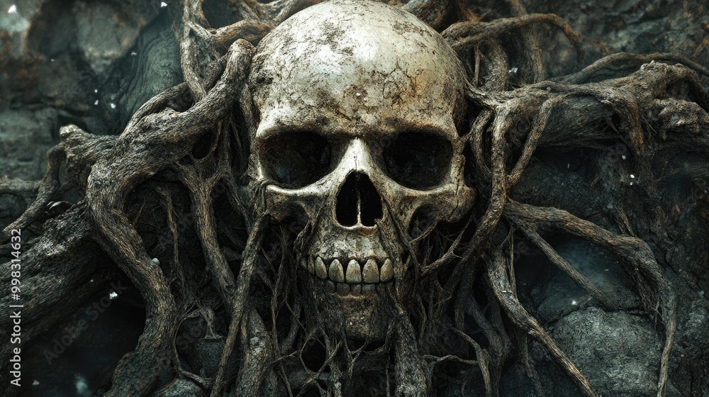 Surreal illustration of an impressive skull intertwined with ancient tree roots and branches Surreal illustration of an impressive skull intertwined with ancient tree roots and branches
