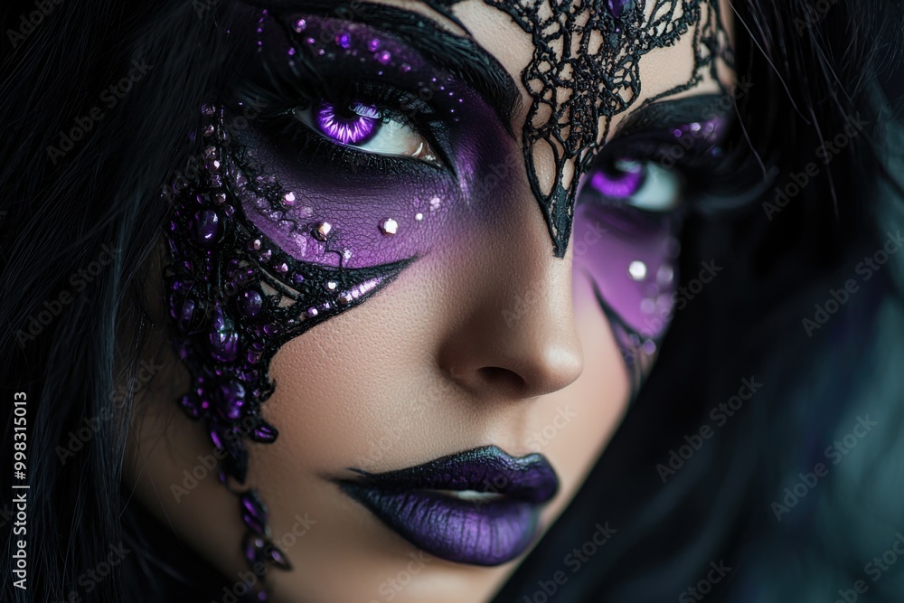 Enigmatic close-up of a woman with intricate purple face makeup Enigmatic close-up of a woman with intricate purple face makeup