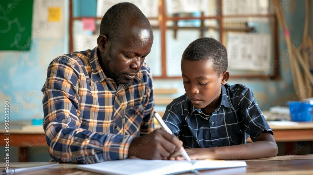 Supportive Teacher Assisting Student with Challenging Homework Problem at Desk in Classroom Setting Supportive Teacher Assisting Student with Challenging Homework Problem at Desk in Classroom Setting