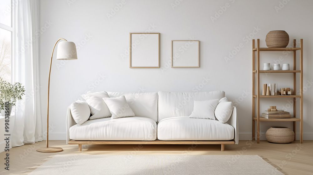 Fototapeta premium Modern Scandinavian living room interior with a white sofa, minimalist floor lamp, and wooden shelving, emphasizing space and simplicity