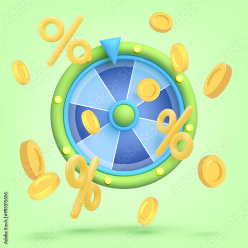 3d game icon. Wheel of fortune, roulette with golden falling money, coin, percent isolated on green background. Vector illustration for postcard, icons, poster, banner, web, design, arts