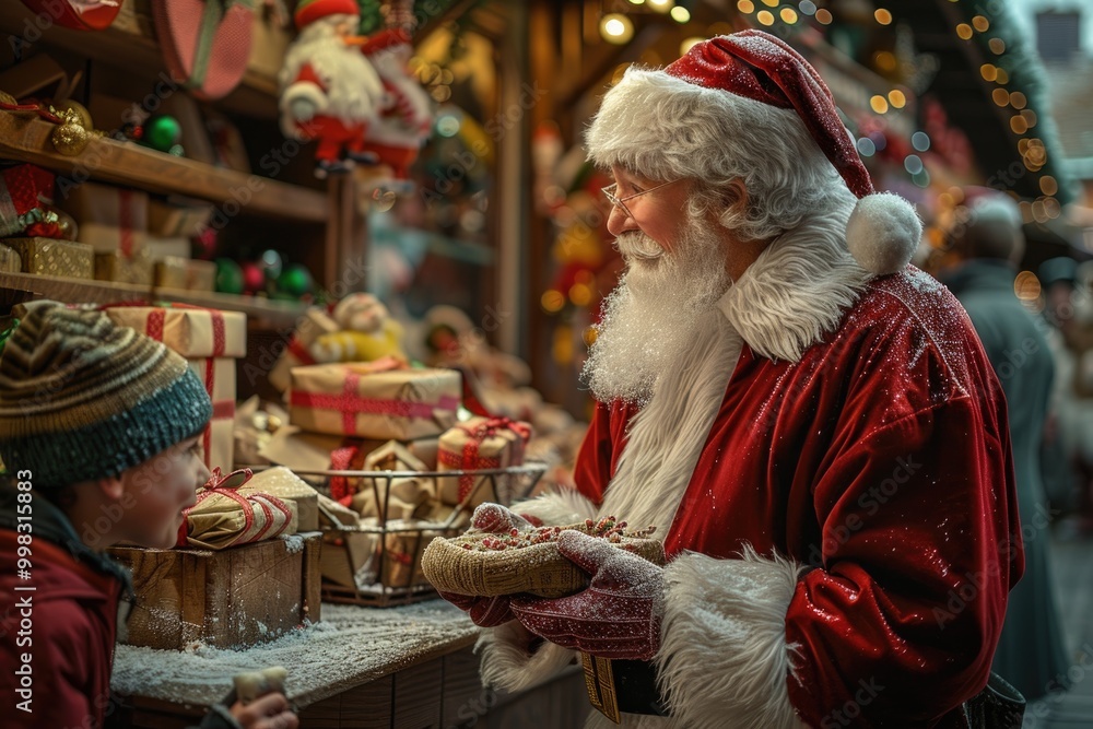 Obraz premium Santa Claus Interacting with Child at Christmas Market Stall Filled with Gifts and Decorations